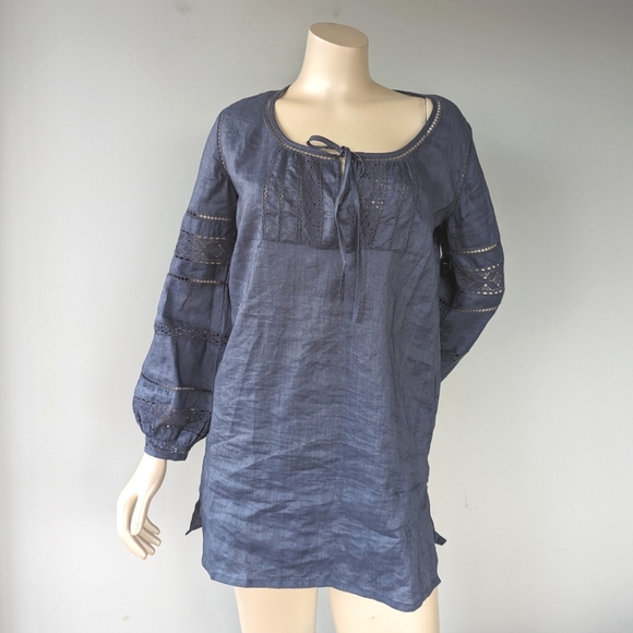 Irving & Fine Blue Crochet Long Sleeve Boho Tunic Top - Picture 3 of 9